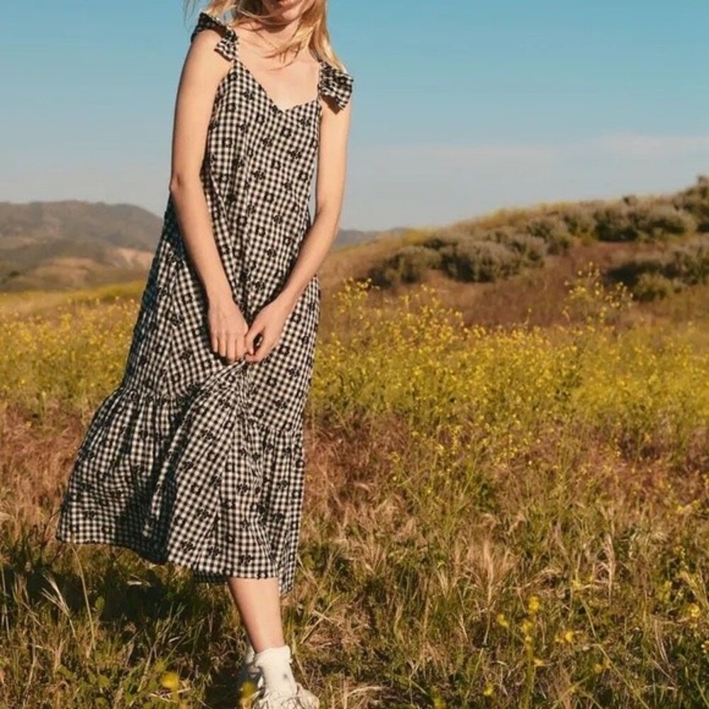 NWT Madewell Gingham Print Ruffle Hem Tent Midi Dress Black & White Size 12 NEW